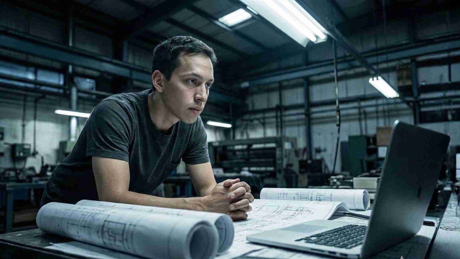 An engineer reviewing blueprints on a factory floor