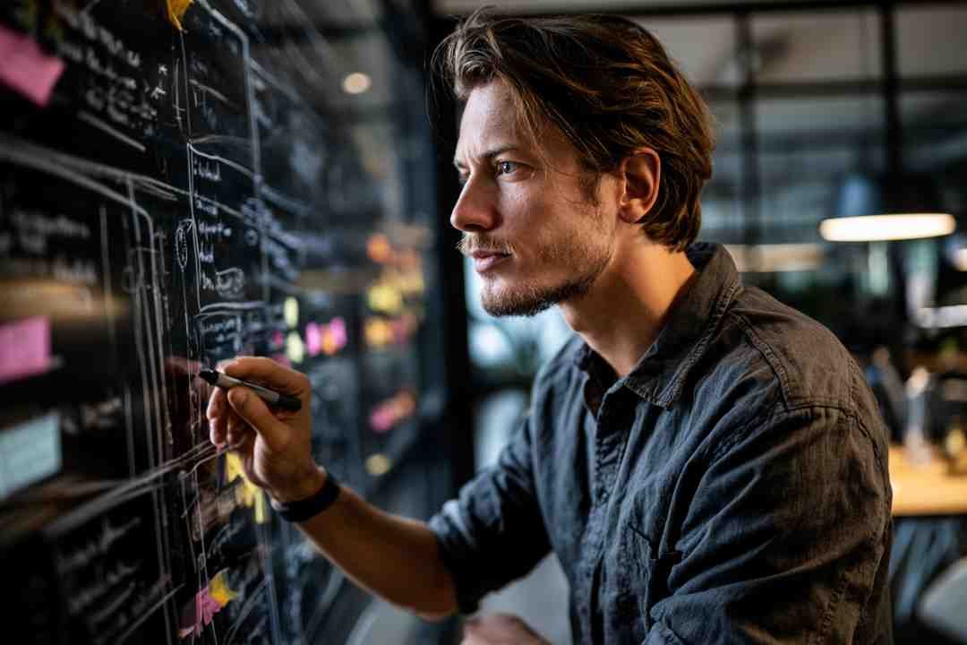 A man mapping out ideas on a chalkboard, sketching diagrams and notes