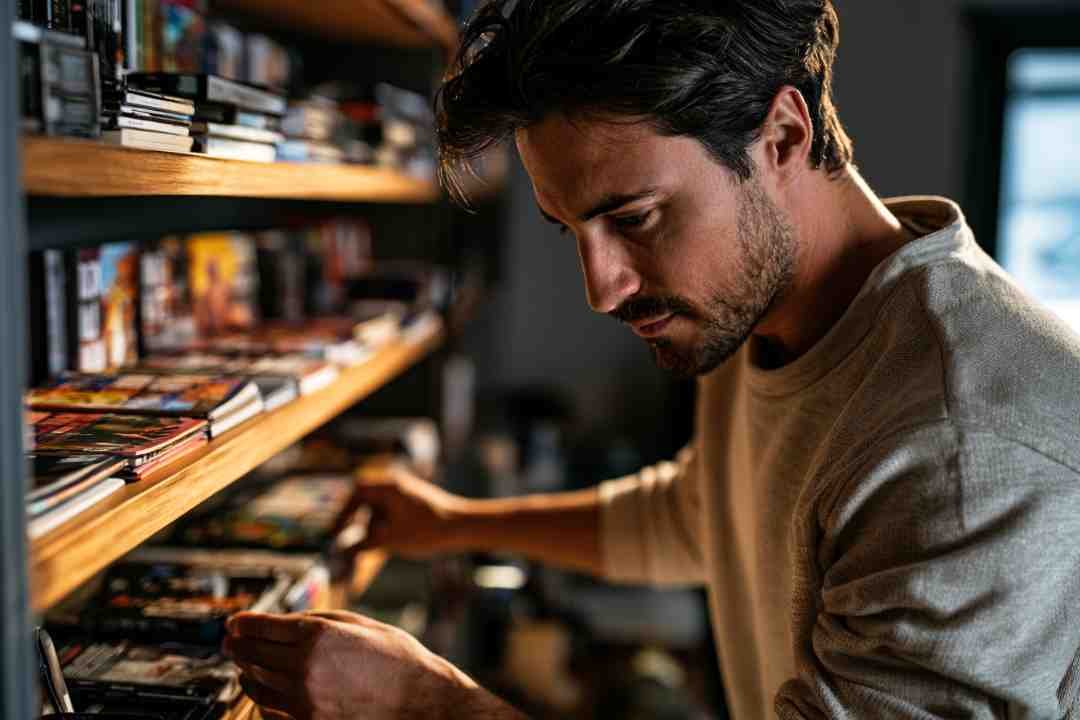A man carefully organizing items on a shelf