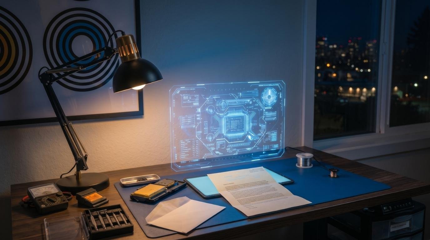 A desk at night: lamp, letter, and a glowing holographic schematic