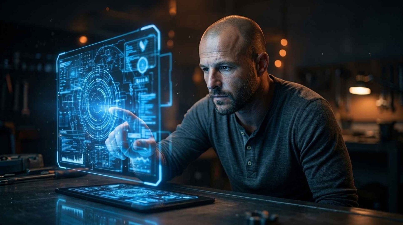 A professional reaching out to interact with a holographic data interface at his desk