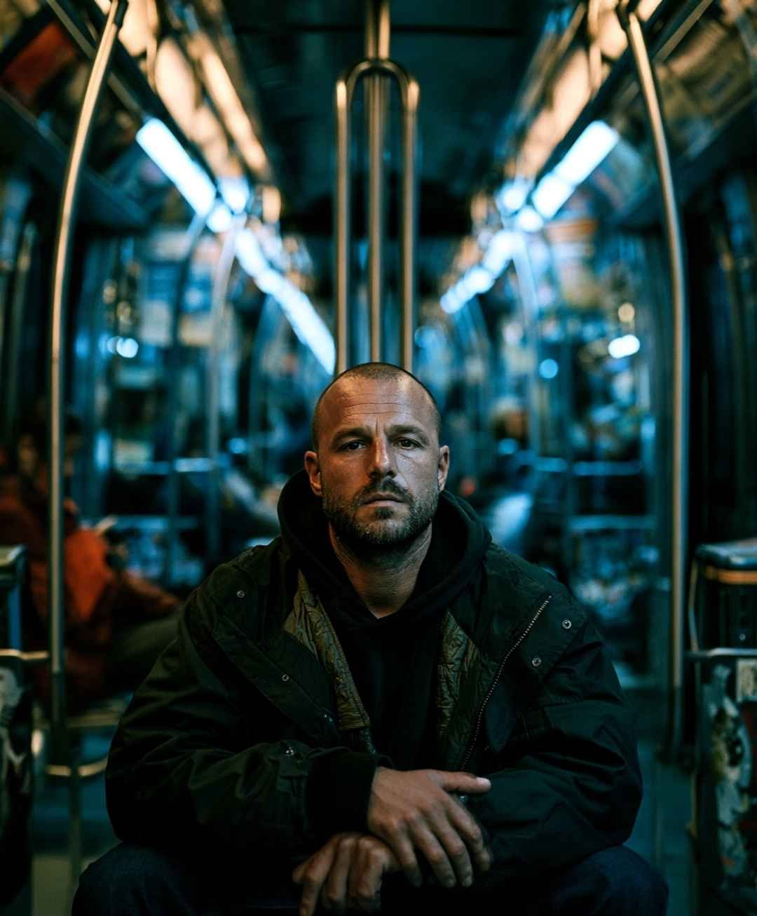 A man sitting alone on a subway car, lost in thought