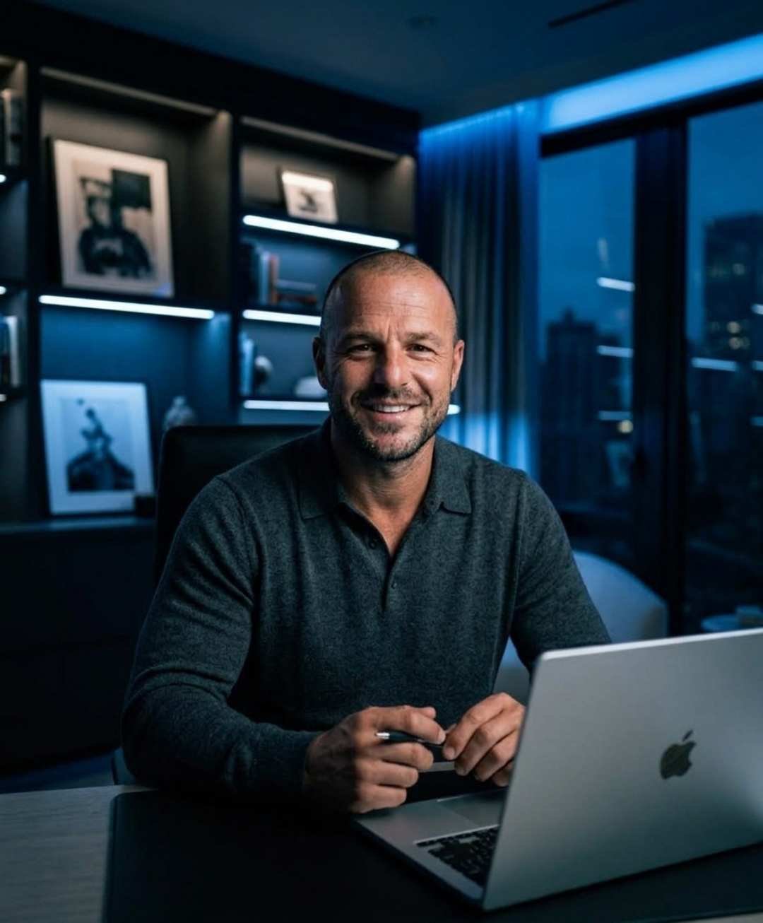 A confident, smiling professional working on his laptop in a modern office at night