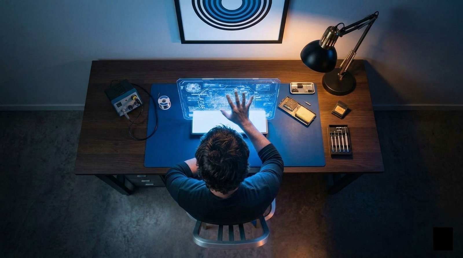 A top-down view of a desk with a glowing holographic schematic, evoking hidden expertise coming into focus